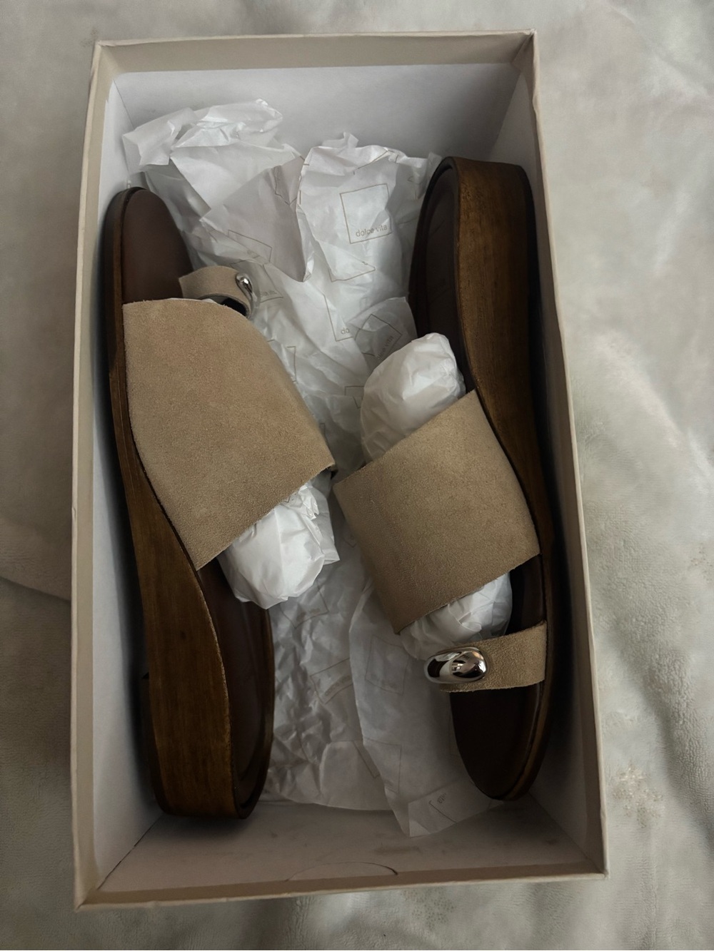Dolce Vita Beige Suede Slide Sandals with Silver Accent - Picture 4 of 8